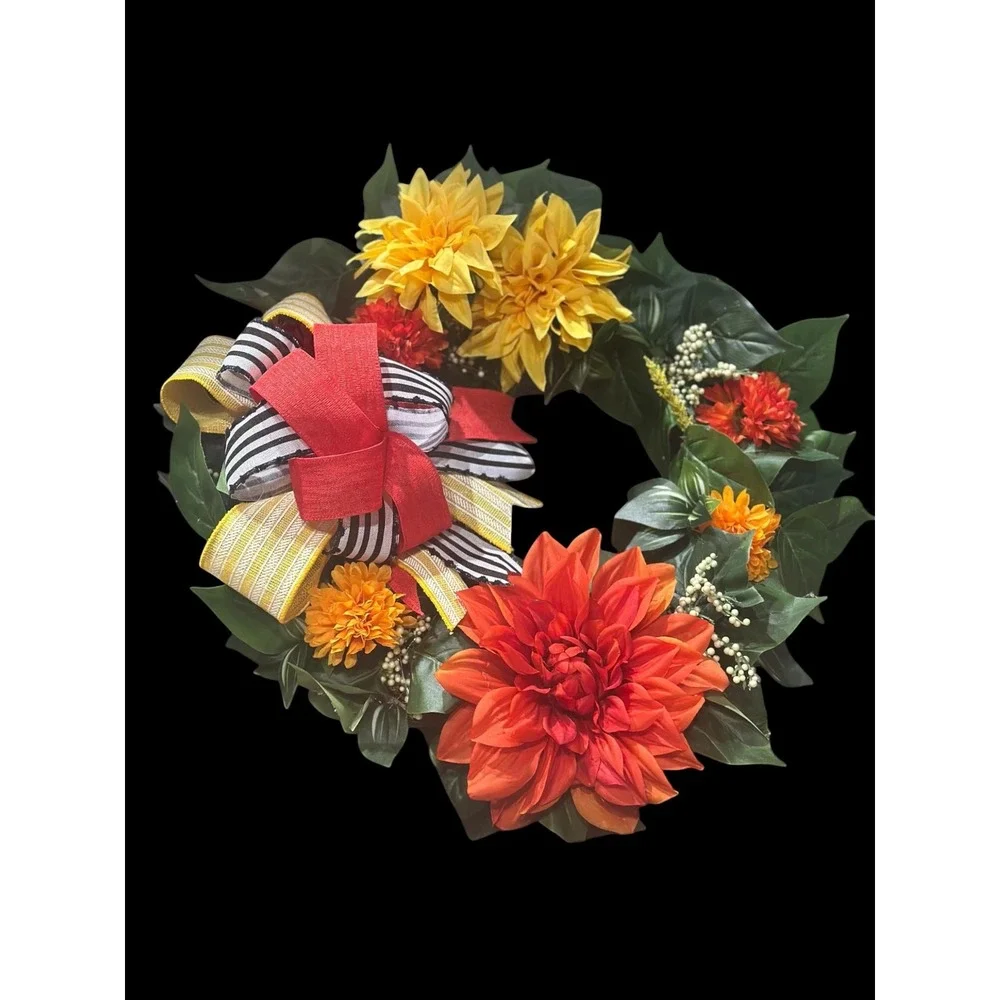 Handmade Year-Round Wreath: Greenery, Orange &yellow Door Decor